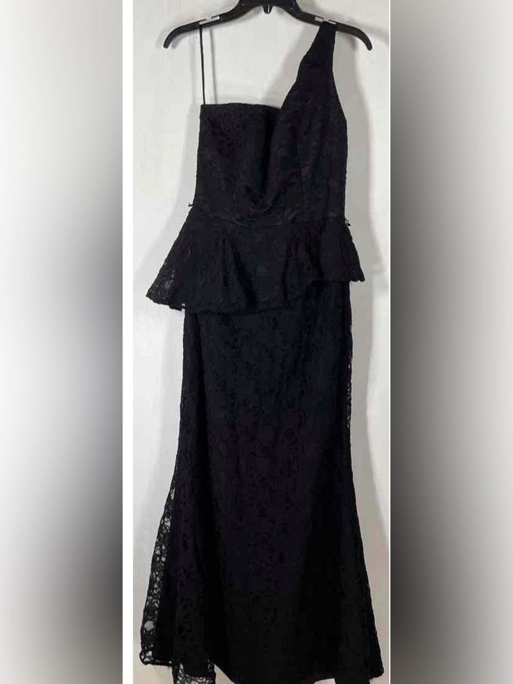 Mori Lee Black One-Shoulder Lace Peplum Gown
